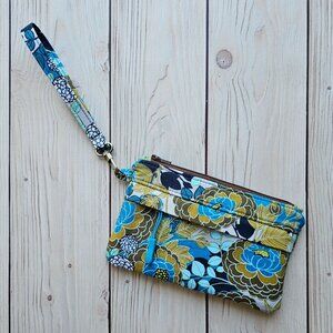 NEW Blue Brown Gold Floral Small Travel Wristlet Zip Pouch Small Purse Wallet